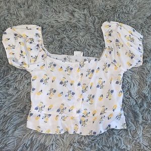 SOLD Cotton On White Crop Top w Blue and Yellow Flowers
